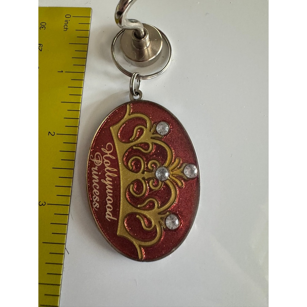 Hollywood Princess Red Glitter Tiara Crown Rhinestone Oval Keychain Gold Tone